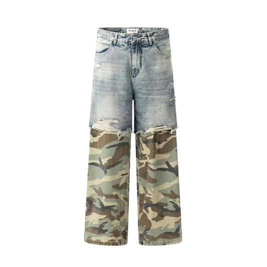 DISTRESSED CAMO CARGO JEANS